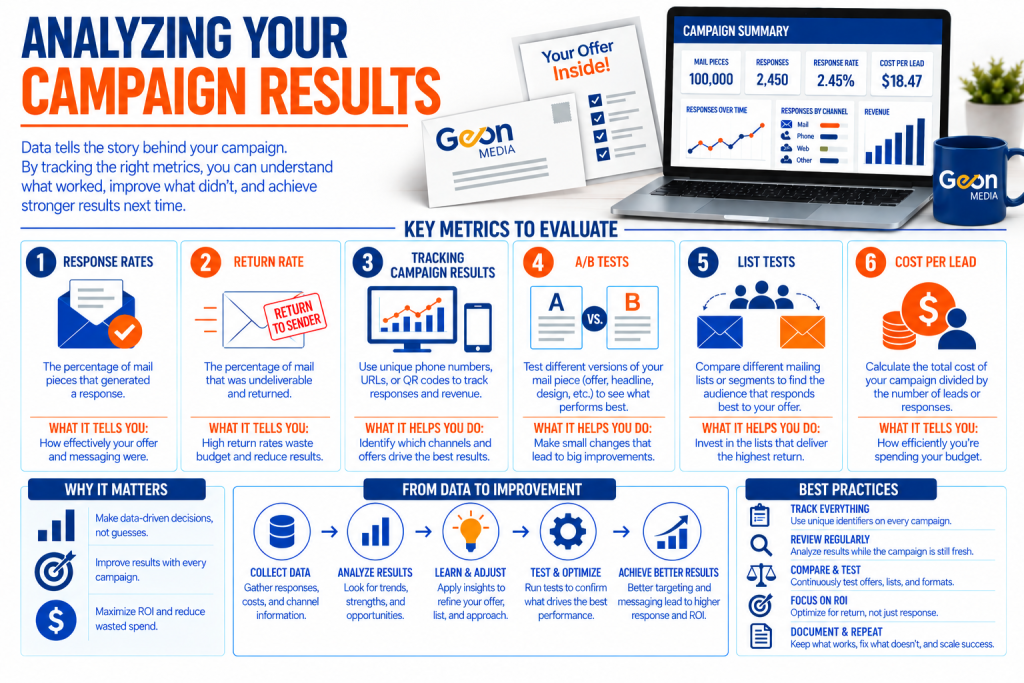 An infographic displaying some of the topics that you can learn about in Geon's "Analyzing Your Campaign Results" category topic page.