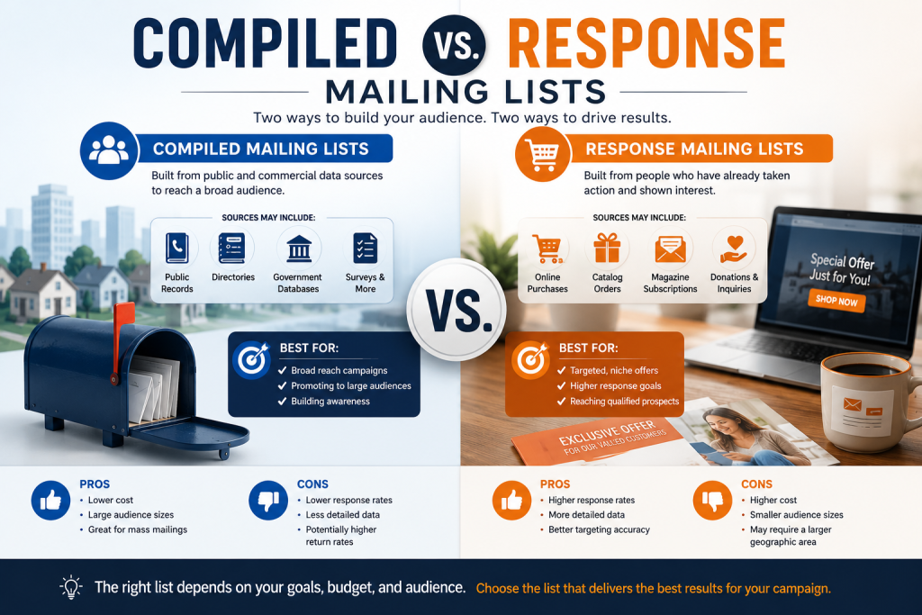An infographic displaying some of the pros and cons to go with compiled and response mailing lists.
