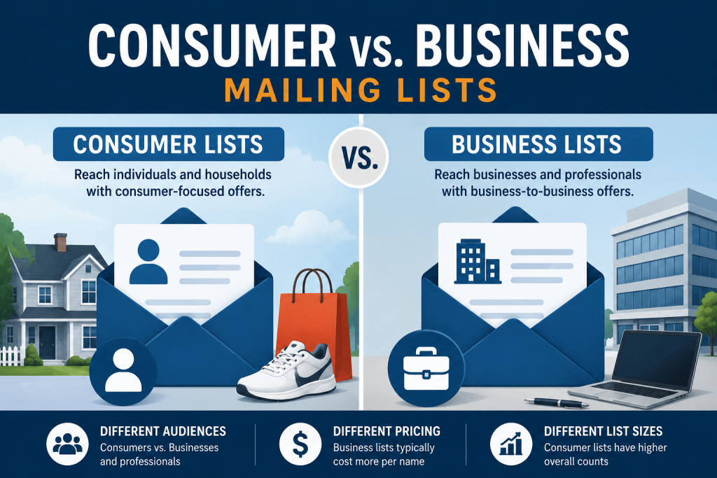 An infographic of the differences between business and consumer mailing lists.