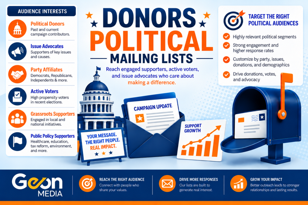 Illustration representing political and donor mailing lists for direct mail marketing.