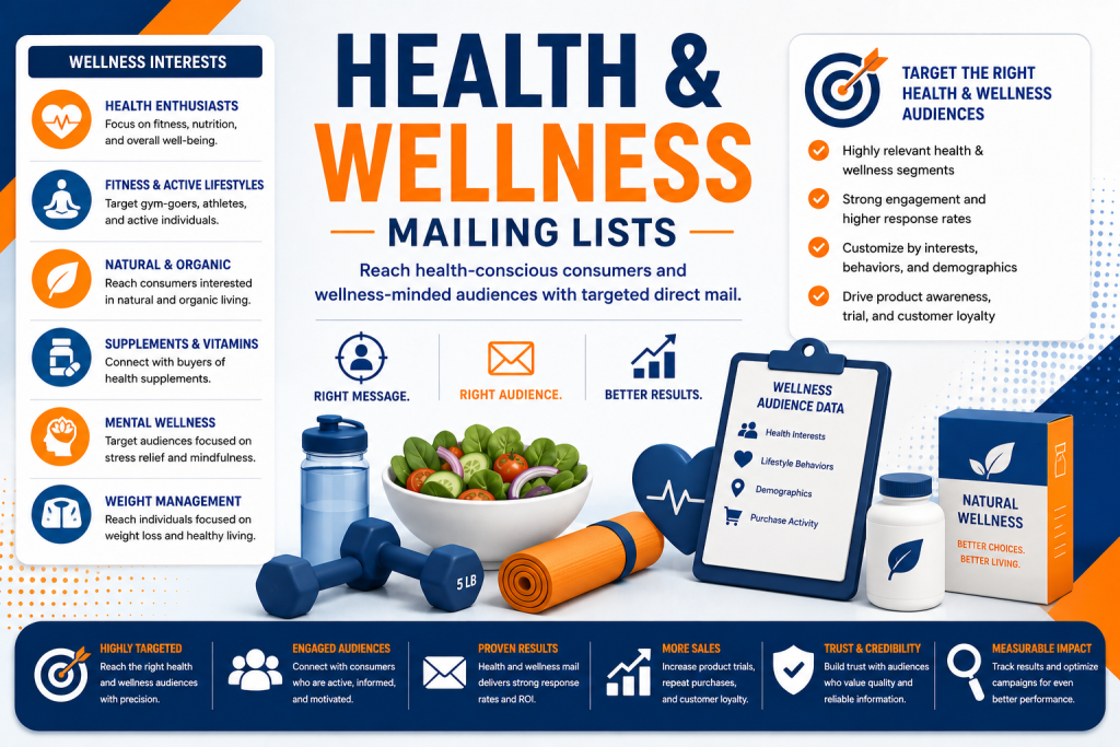 Illustration representing health and wellness mailing lists for direct mail marketing.