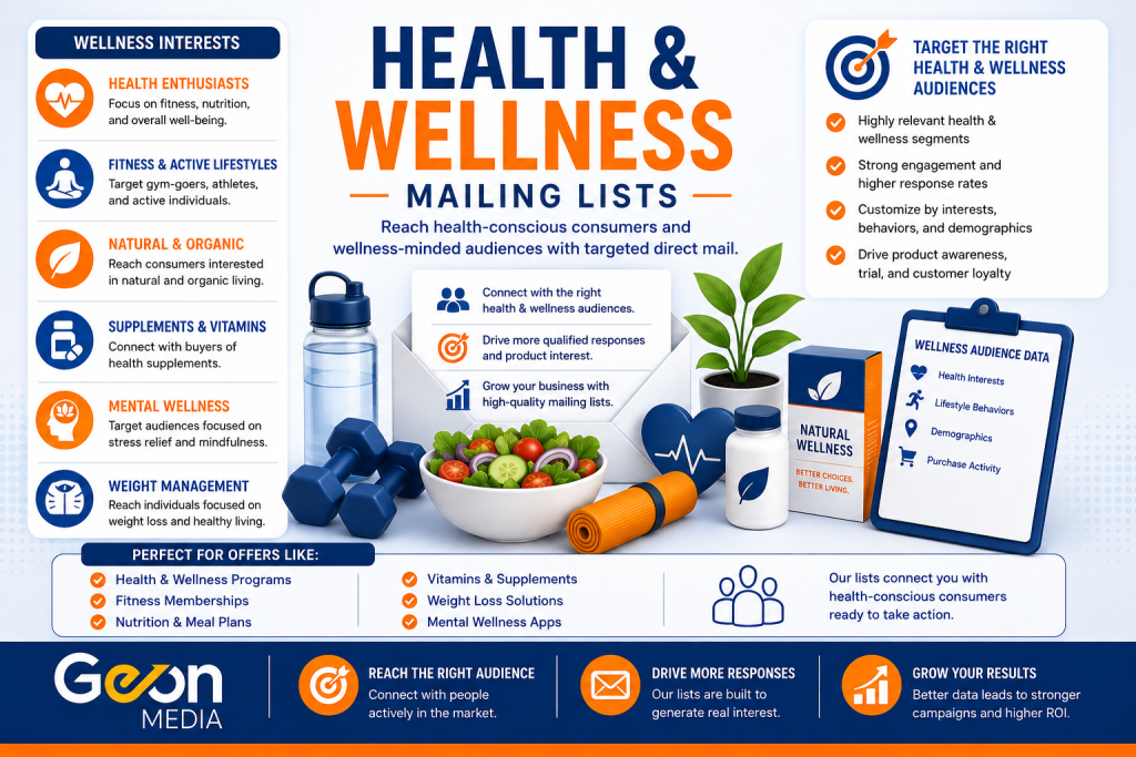 Illustration representing health and wellness mailing lists for direct mail marketing.