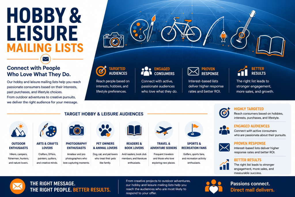 Illustration representing hobby and leisure mailing lists for direct mail marketing.