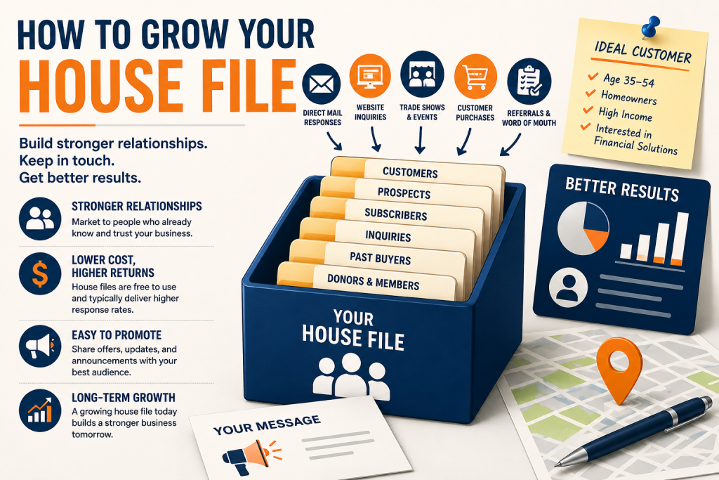 Illustration showing how businesses grow a direct mail house file through new customers and repeat marketing.