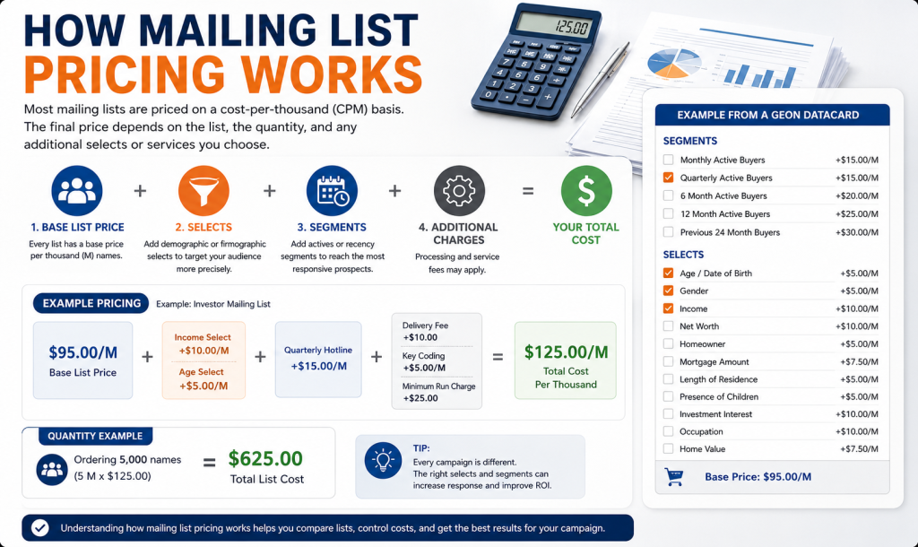 An illustration showing how mailing list pricing works for prospective mailers.