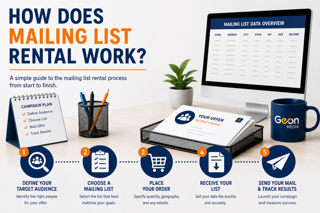An infographic displaying the steps on how to rent a mailing list.