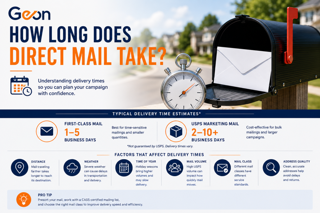 An infographic that displays factors that can impact how long it takes for your mail to arrive to help answer the question of how long does direct mail take to arrive.