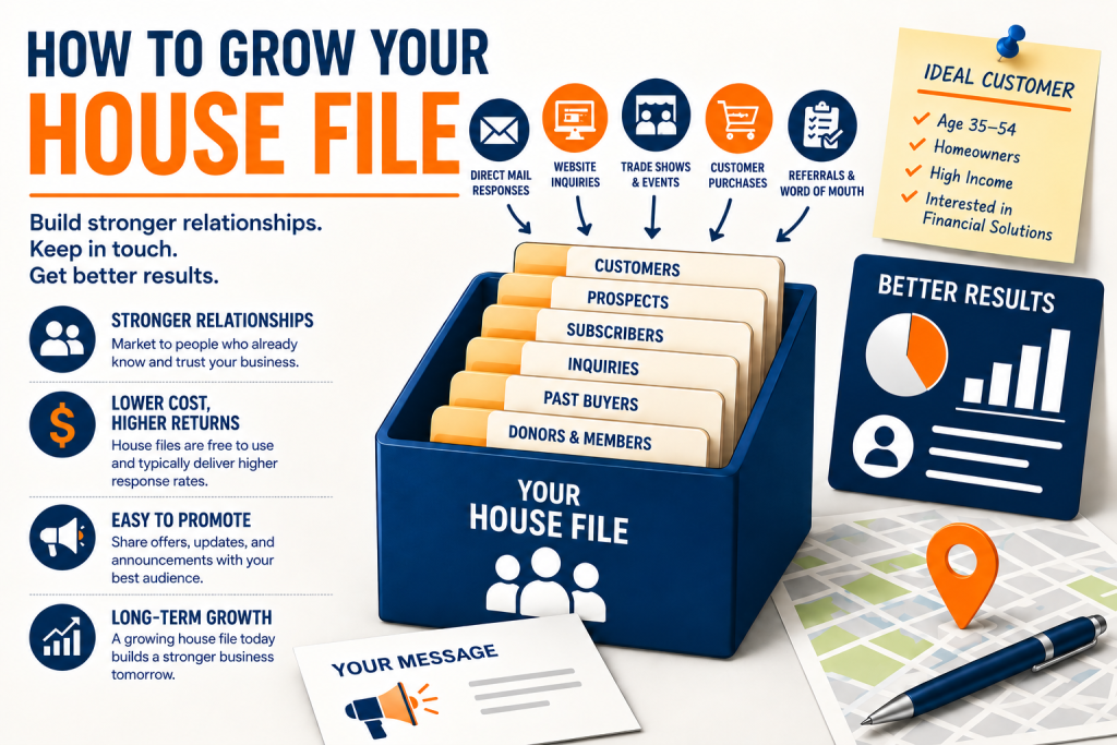 Illustration showing how businesses grow a direct mail house file through new customers and repeat marketing.