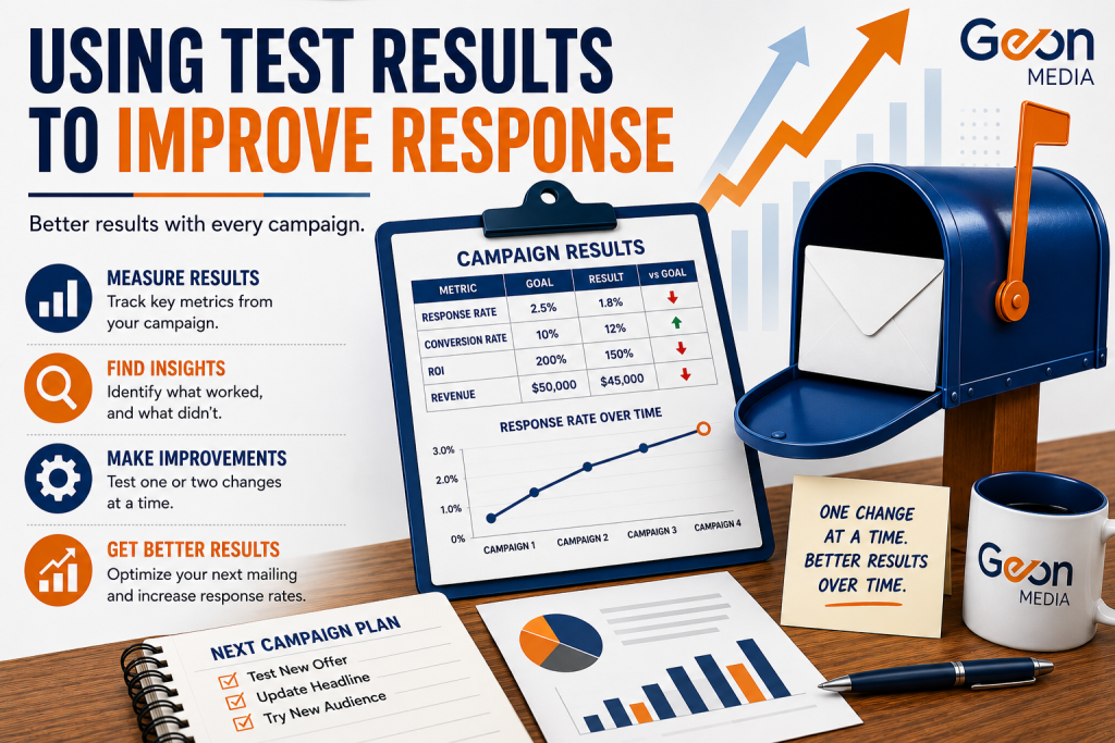 Illustration showing how businesses use direct mail campaign results to improve future response rates.