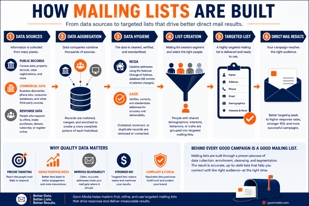 An infographic displaying how mailing lists are built, as well as how a quality mailing list can make a campaign better.