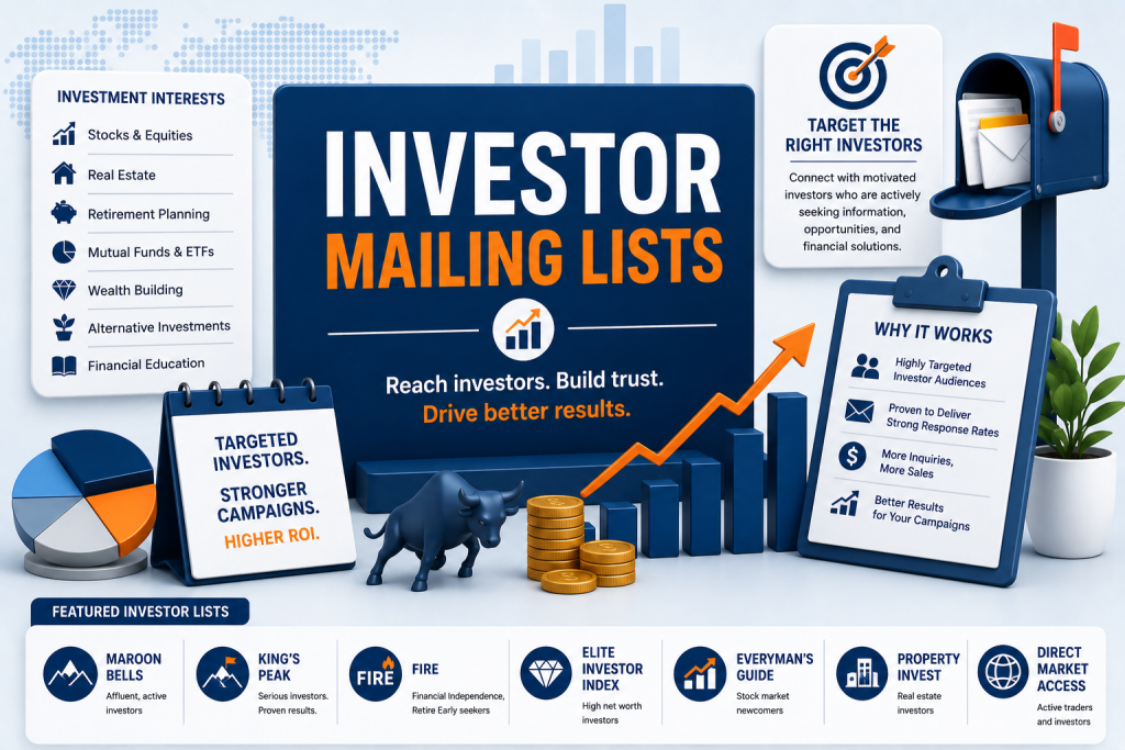Illustration representing investor mailing lists for direct mail marketing.