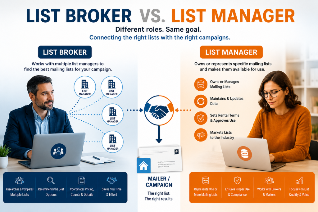 An image displaying a list broker and a list manager and their different responsibilities.