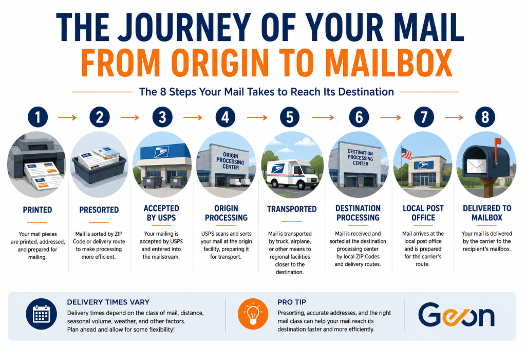The process that mail takes to get from the post office to your mailbox.