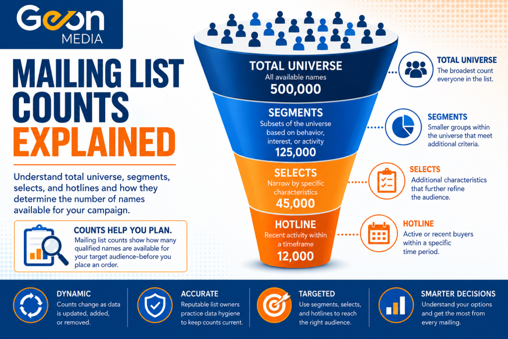 An infographic showing mailing list names and how narrowing down a mailing list can produce a more precise audience.