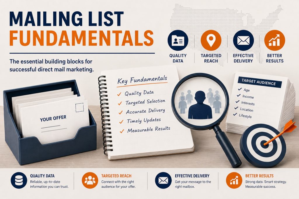 An infographic displaying some of the topics that you can learn about in Geon's "Mailing List Fundamentals" category topic page.