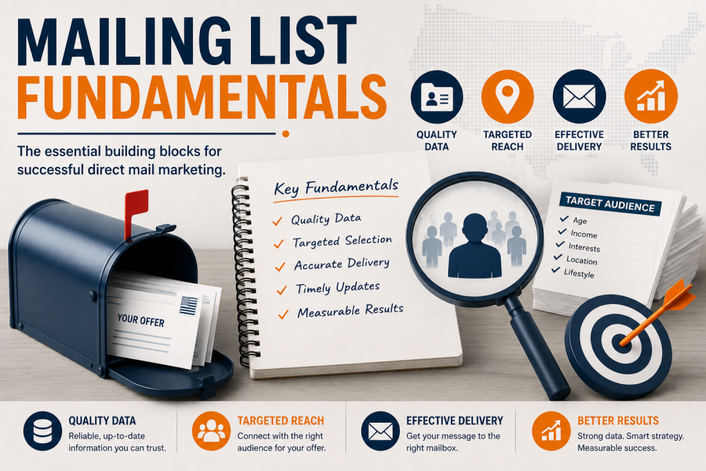 An infographic displaying some of the topics that you can learn about in Geon's Mailing List Fundamentals category topic page.