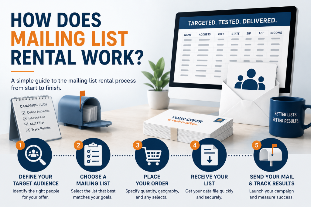 An infographic displaying the steps on how to rent a mailing list.