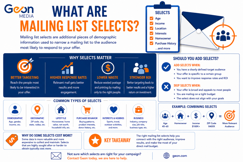 An infographic describing some of the purposes of mailing list selects.