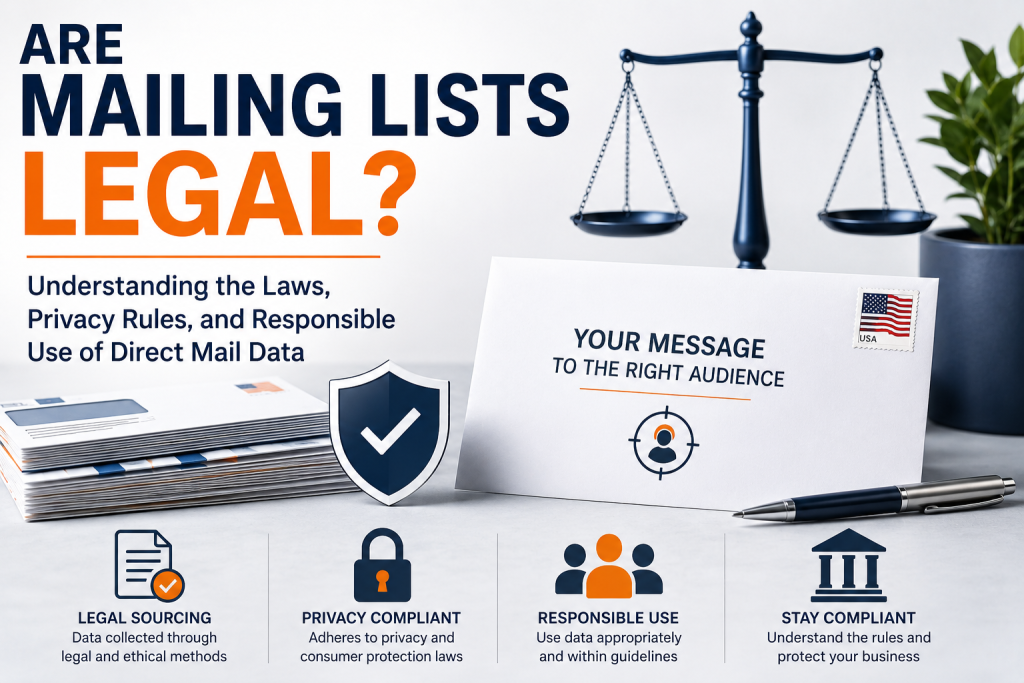 An infographic for Are Mailing Lists Legal. It shows some of the ways that mailing lists are legal are that they are sourced from legal sources, they are privacy compliant, and they're used responsibly within legal guidelines.