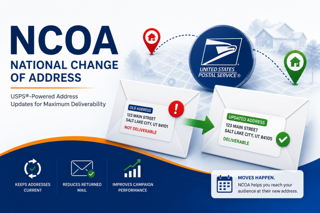 NCOA Example Illustration An illustration displaying how the USPS' National Change of Address tool allow users to figure out if an address is still current and active.