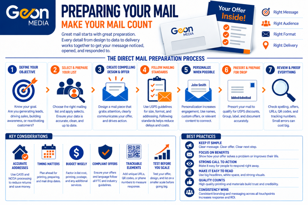 An infographic displaying some of the topics that you can learn about in Geon's "Preparing Your Mail" category topic page.
