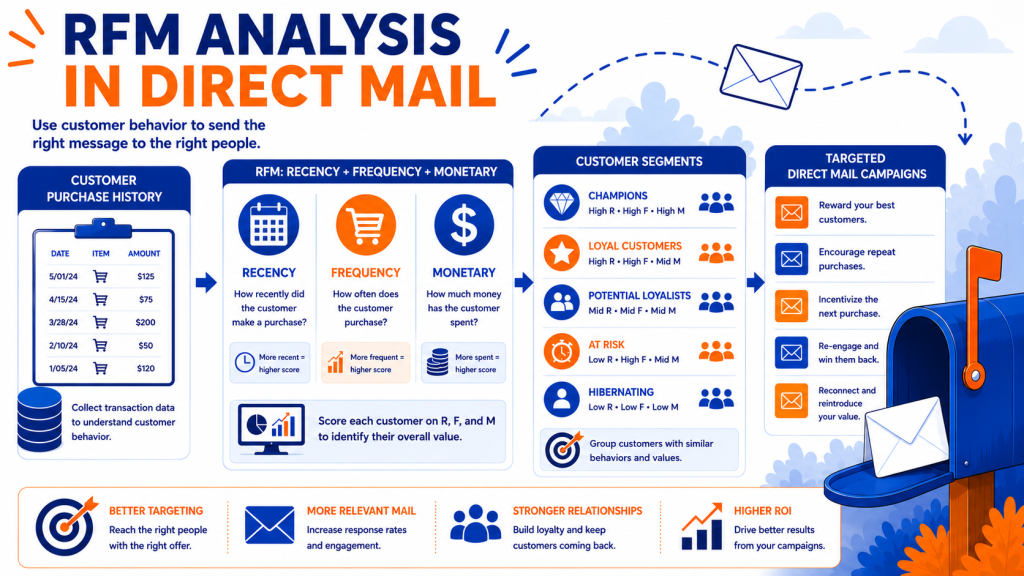 RFM analysis for direct mail showing recency frequency and monetary customer segmentation