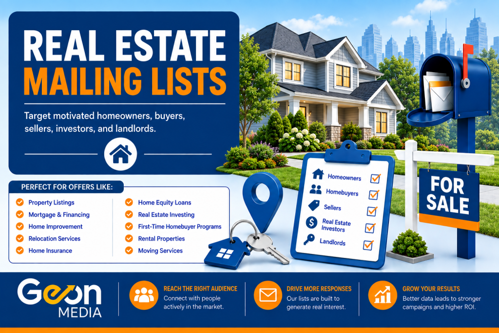 Illustration representing real estate mailing lists for direct mail marketing.