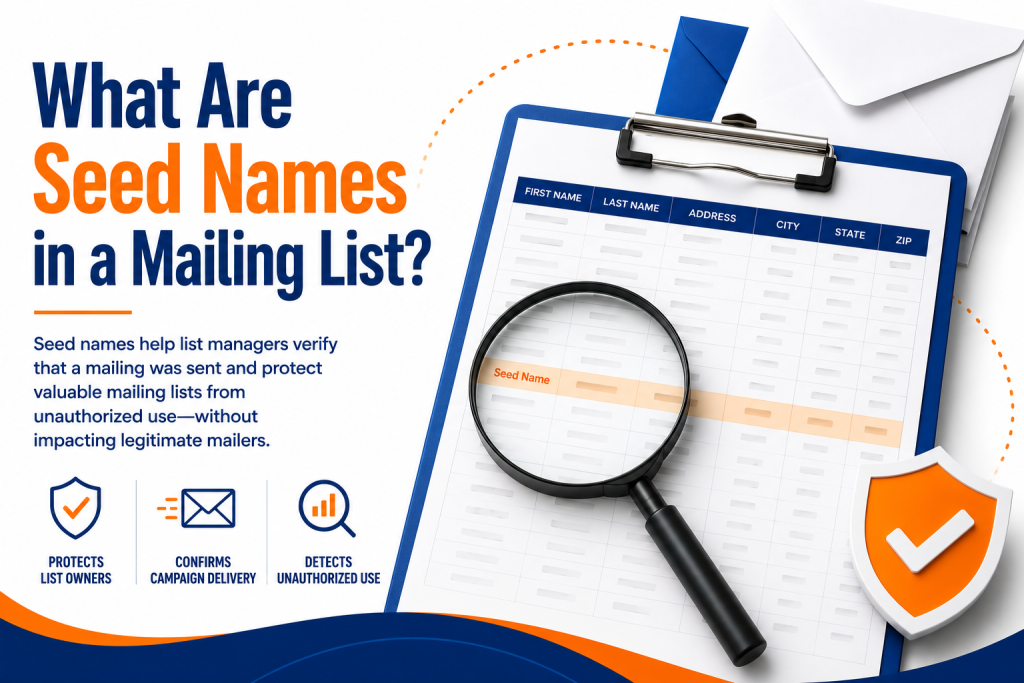 An infographic that describes seed names in a mailing list, and their usage.