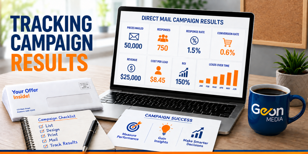 Tracking direct mail campaign results using response rates, ROI, revenue, and conversion metrics.