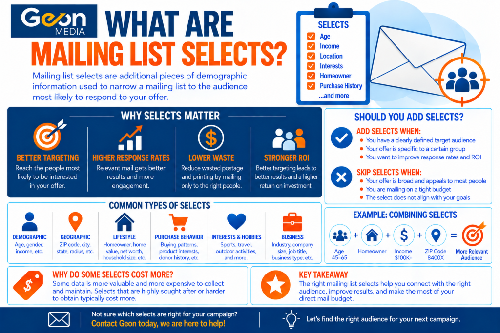An infographic describing some of the purposes of mailing list selects.