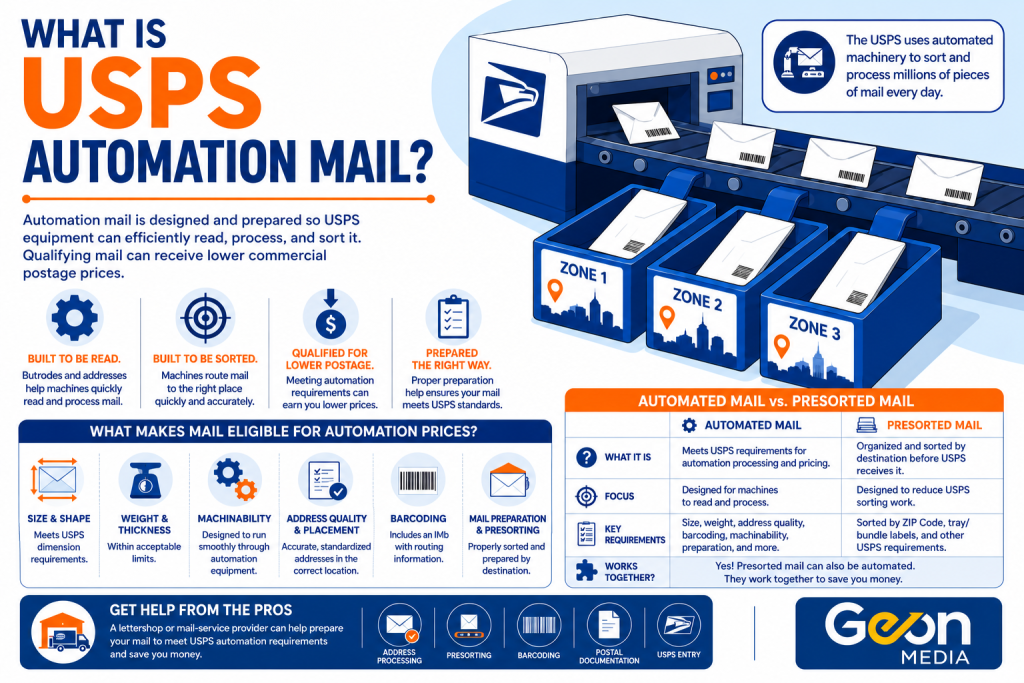 USPS automation mail with Intelligent Mail barcode and automated processing