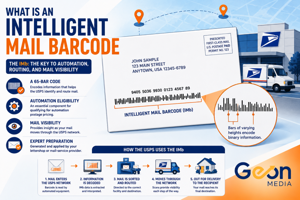 Intelligent Mail barcode IMb on a direct mail piece