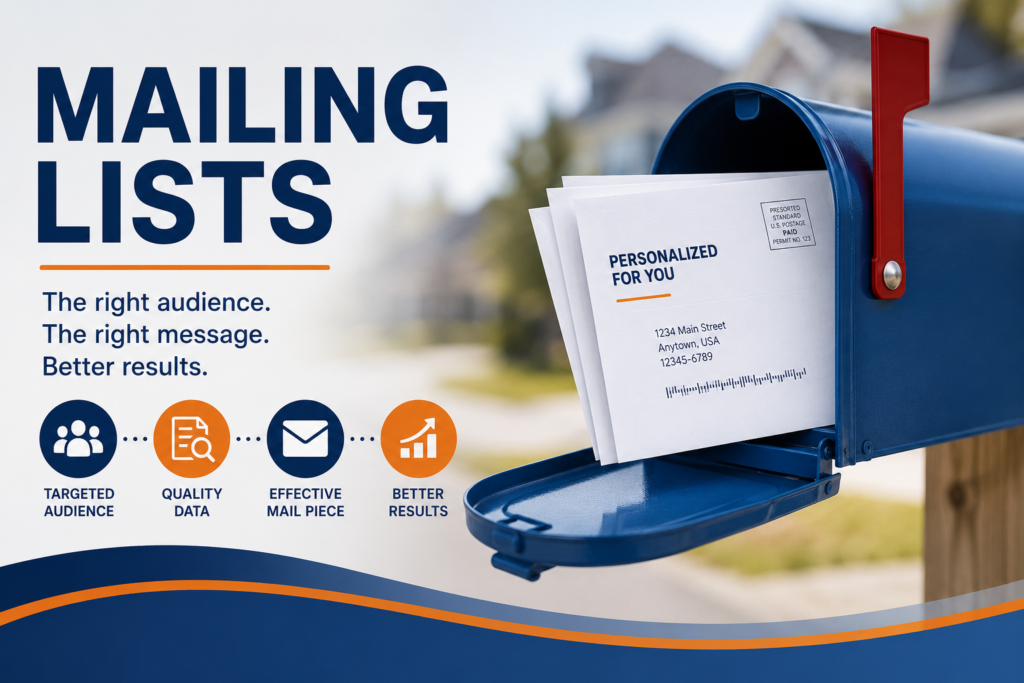 Mailing list example image Image showing how mailing lists can advertise to a targeted audience, have quality data, be an effective mail piece, and achieve better results.